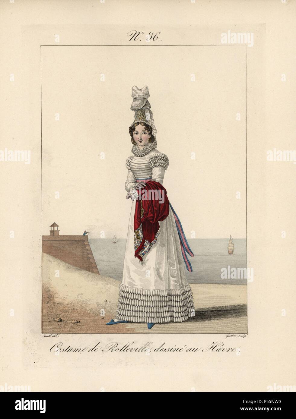 Femme en costume de Rolleville, dessiné au Havre. Elle porte un grand  chapeau rabattu bavolet de dentelle, avec dentelle plissé ruff décorations  sur les épaules, poignets et le bas de sa robe.