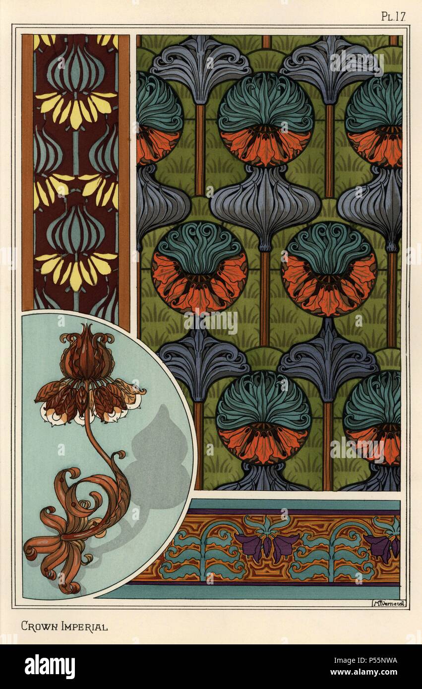Couronne impériale fleurs, Fritillaria imperialis, papier peint et tissu dans des modèles, et que la conception d'une lampe en fer forgé. Lithographie de Verneuil avec pochoir (stencil) handcoloring de Eugène Grasset's "Plantes et leur application à l'Ornement," Paris, 1897. Grasset (1841-1917) était un artiste suisse dont les conceptions innovantes ont inspiré le mouvement "art nouveau" à la fin du 19ème siècle. Banque D'Images