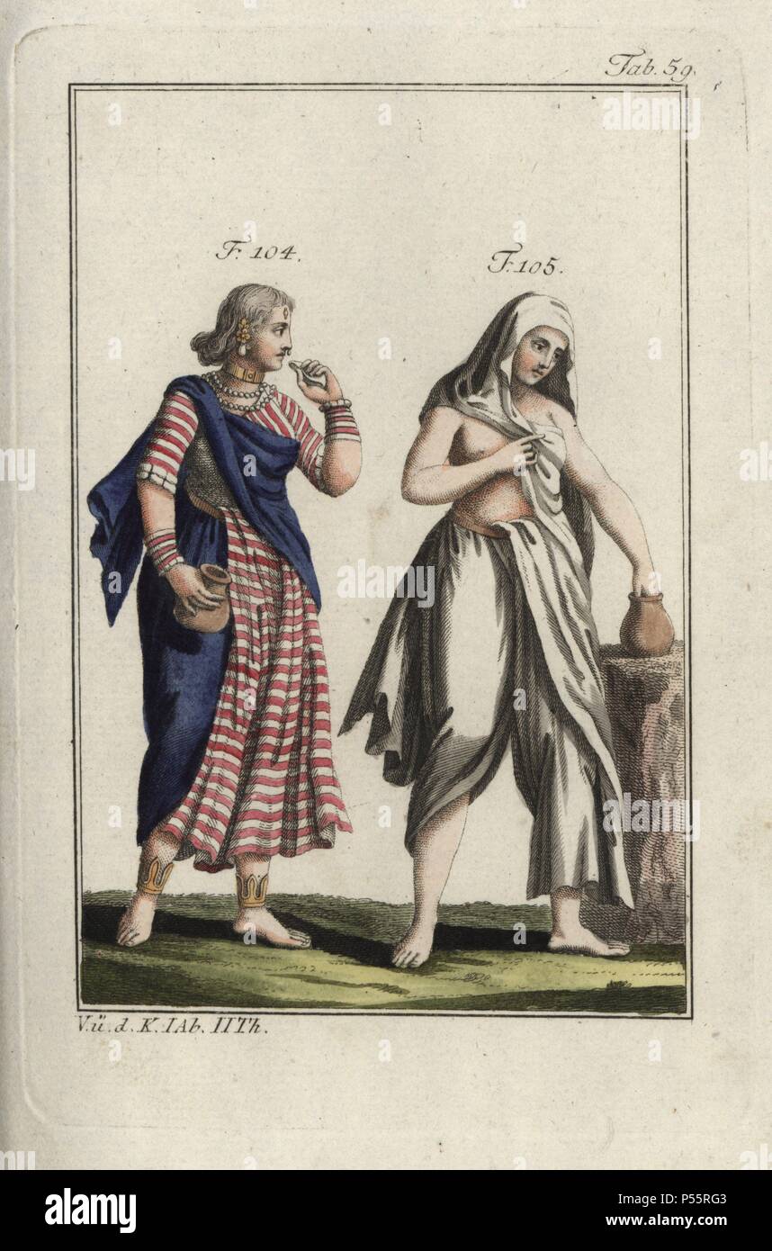 Deux femmes indiennes, l'un avec bracelets et colliers, avec waterjugs.  Coloriée à la gravure sur cuivre de Robert von Spalart's 'tableau  Historique des costumes des principaux peuples de l'Antiquité et du Moyen