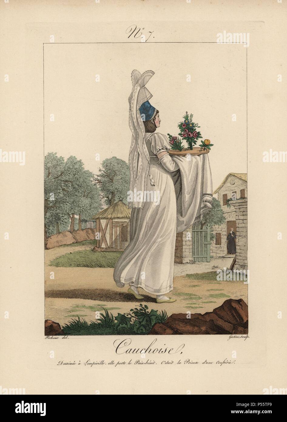 Femme de Limpiville le jour de la fête de l'Assomption. Elle porte un  bonnet avec de très longues queues de dentelle et porte le pain consacré à  l'avant de la confrérie de