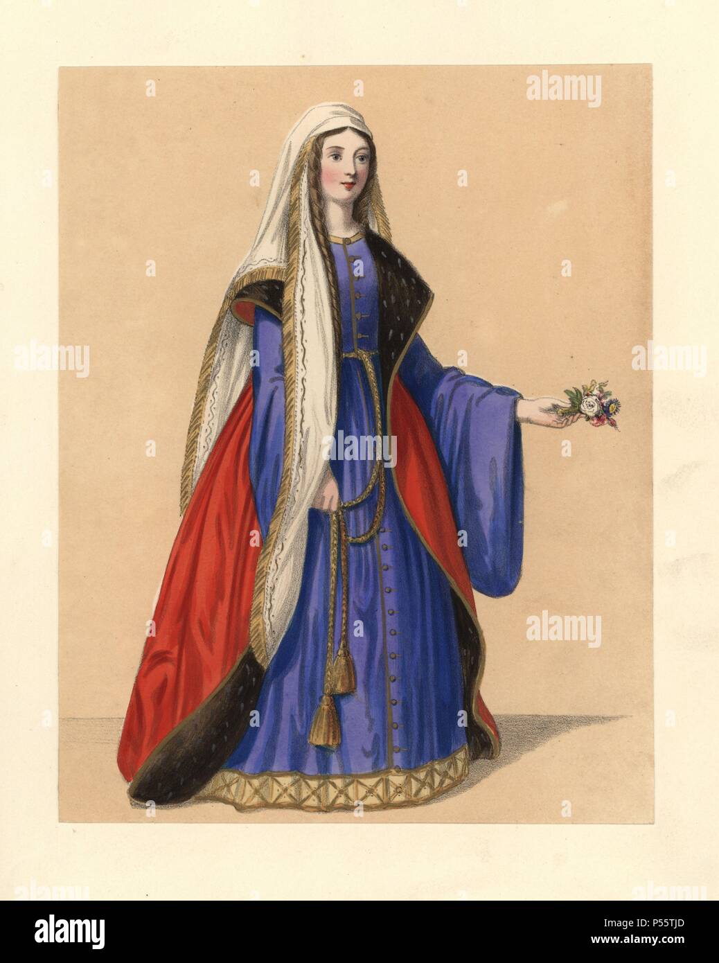 Robe du règne du Roi Henry I, 11001135. Elle porte un long voile, un  manteau doublé de sable sur une grande tenue avec manches évasées. Livre  d'or de Saint Albans, manuscrit du