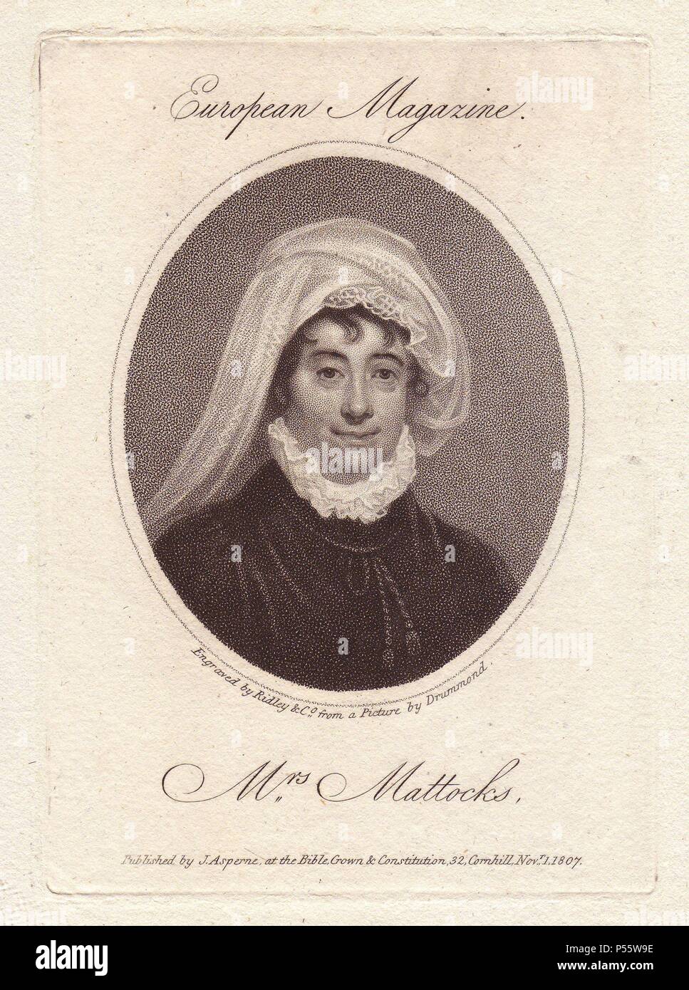 Mme Isabelle Mattocks (1746-1826), actrice, chanteuse, danseuse et instrumentiste, épouse de George Mattocks, acteur et manager.. Gravée par Ridley à partir d'un portrait par Drummond, publiée dans le 'European Magazine' 1807. Banque D'Images