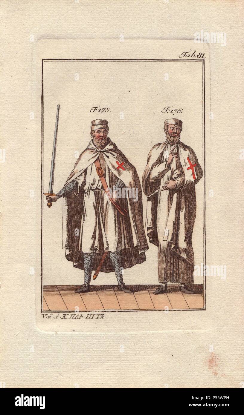 Deux Templiers sont indiqués dans l'habit de combat (175), armés et portant des armures cotte sous sa robe, et dans l'usure de la chambre (176), ou au monastère de peignoirs.. . L'Ordre des Templiers était un ordre militaire fondé en 1118 par Hugues de Payns, un chevalier de Champagne, et huit autres chevaliers pour protéger les pèlerins en Terre Sainte. De ses humbles débuts comme "pauvres Chevaliers du Temple," ils ont grandi pour devenir une armée puissante et riche de moines-guerriers, avec casernes/ monastères dans toute l'Europe, et plusieurs châteaux en Palestine : Safed (1140), Karak (1143), et le château de Pilgrim (1217). L'ordre est venu d'un Banque D'Images