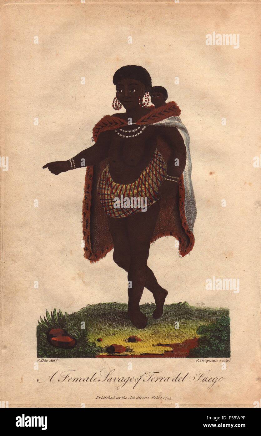 Une Femme Sauvage De Terra Del Fuego Une Femme De La Terra Del Fuego L Amerique Du Sud Portant Un Bebe Sur Son Dos La Main La Gravure Sur Cuivre D Apres Un