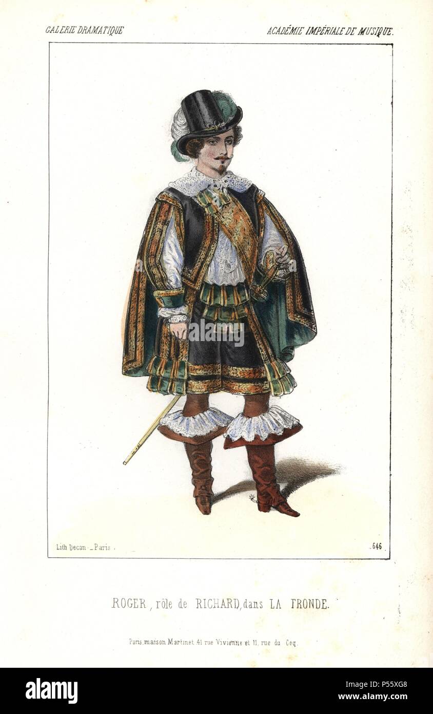 Bass français Roger le chanteur d'opéra que Richard dans "La Fronde" à l'Académie impériale de musique. Lithographie coloriée par Alexandre Lacauchie de 'Galerie dramatique : les costumes des théâtres de Paris 1853. Banque D'Images