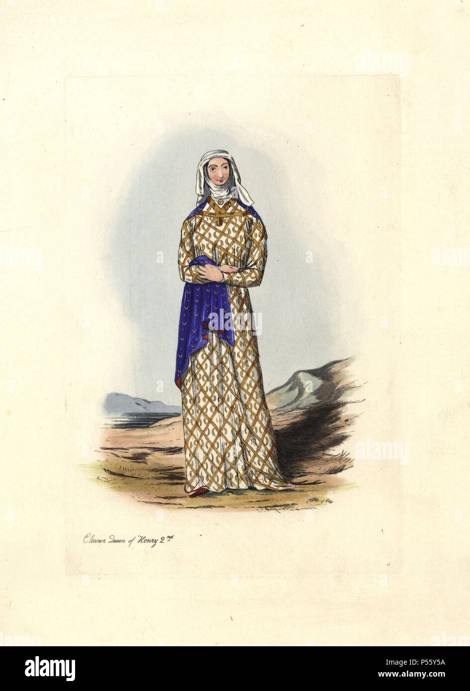 Aliénor d'Aquitaine (1122-1204), reine d'Henry II. Elle porte une longue robe brodée d'or, un manteau bleu, voile blanc et guimpe. Tirée de l'abbaye de Fontevraud en effigie Stothard monumentale Effigies. . Gravure coloriée de 'costume civil d'Angleterre depuis la conquête de l'actuelle période' dessiné par Charles Martin et gravées par Léopold Martin, Londres, Henry Bohn, 1842. Les costumes ont été tirées d'effigies monumentales, tapisseries, enluminures et de portraits. Charles Leopold et Martin étaient les fils de l'artiste romantique et graveur gravure à John Martin (1789-18 Banque D'Images