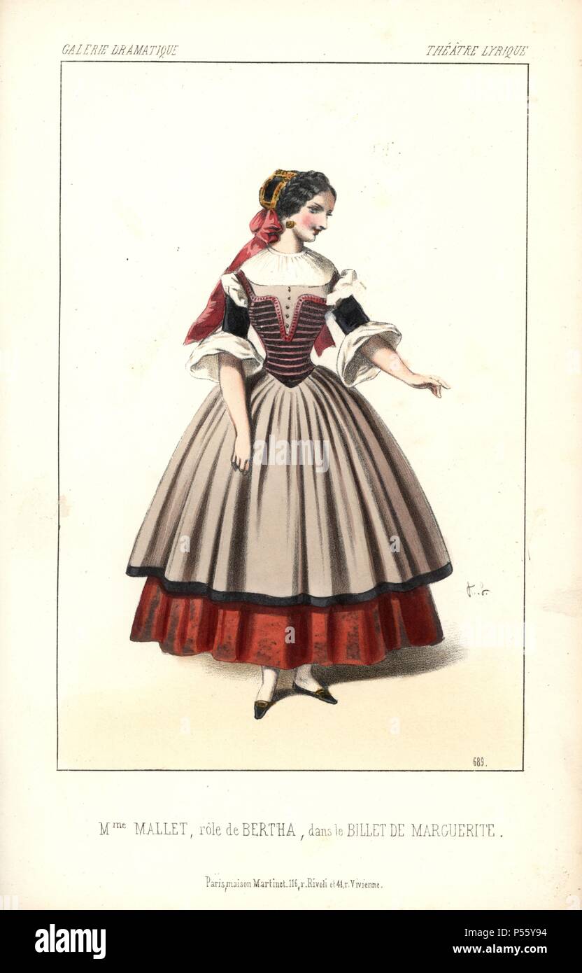 Mme. Mallet Bertha dans 'le billet de Marguerite", un opéra comique en trois actes, à la lyrique. Lithographie coloriée par Alexandre Lacauchie de 'Galerie dramatique : les costumes des théâtres de Paris 1854. Banque D'Images