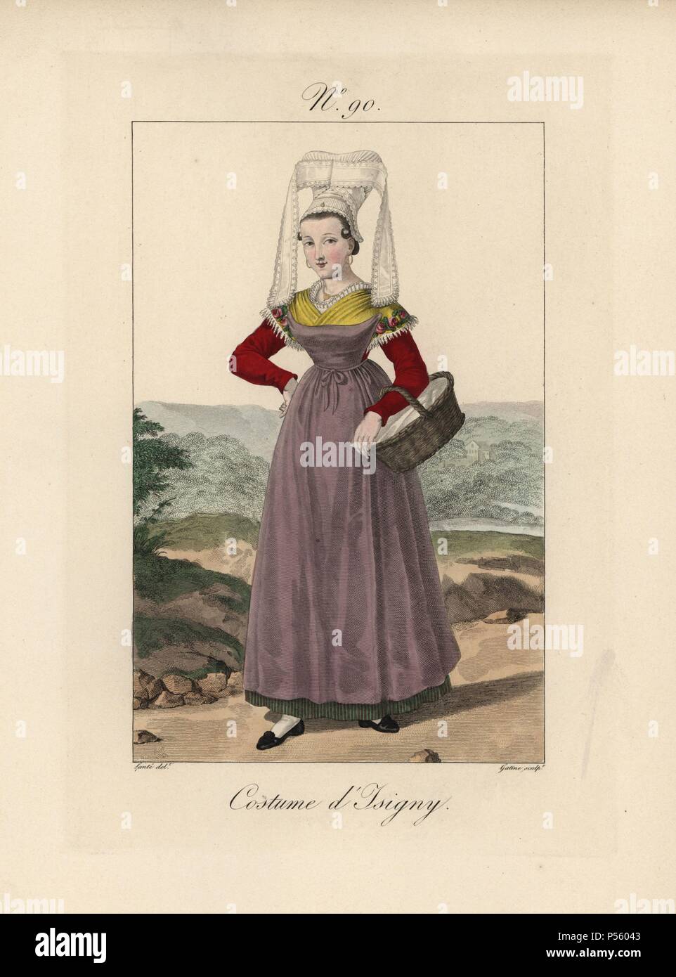 Costume d'Isigny. Son capot est encore plus grande que celle de Bayeux, avec des ailes qui sont levées et pliée pour rejoindre au milieu avant de tomber sur le côté. Isigny est célèbre pour son cidre et beurre. À la main, gravure de mode illustration par Lante gravée par Gatine de Louis-Marie Lante's 'Costumes des femmes du Pays de Caux,' 1827/1885. Avec leurs grands chapeaux dentelle alsacienne, les femmes de Caux et de Normandie ont été célèbre pour l'élégance et le style. Banque D'Images