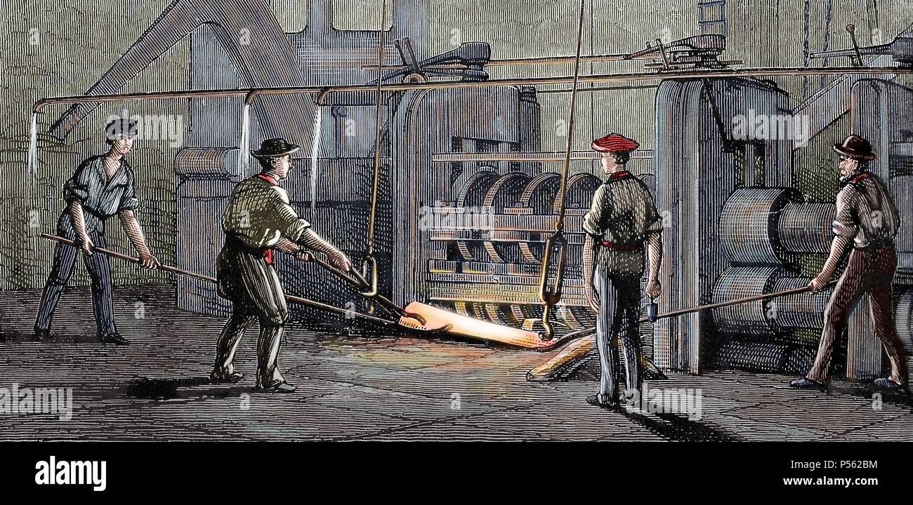 Industrie de l'acier. 19e siècle. Four. La modélisation d'un bloc d'acier. Gravure couleur, 1874. Banque D'Images