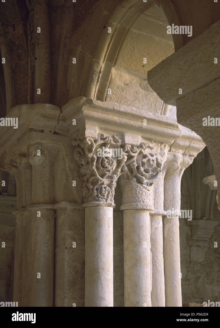 DETALLE DE LAS COLUMNAS DEL CLAUSTRO ROMANICO DEL MONASTERIO DE SANTA MARIA LA REAL DE Aguilar de Campoo - SIGLO XII - ROMANICO. Lieu : MONASTÈRE DE SANTA MARIA LA REAL, Aguilar de Campoo, Palencia, Espagne. Banque D'Images