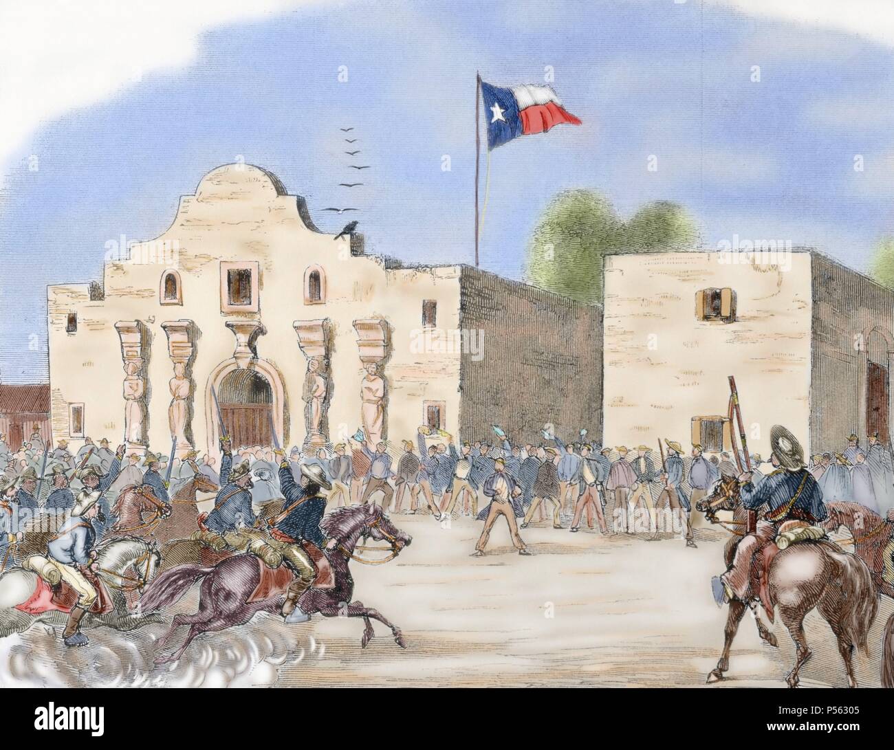 USA. L'annexion du Texas. En décembre 1845, sous la présidence de James Knox Polk, le Texas est devenu un état de l'Union. L'annexion signifiait la guerre américano-mexicaine de 1846-1848. De brandir le drapeau de l'État du Texas sur l'Alamo, San Antonio, après avoir été admis à l'Union européenne d'un mois avant le début de la guerre civile, 1845. Gravure tirée de "Harper's Weekly" (1861). De couleur. Banque D'Images