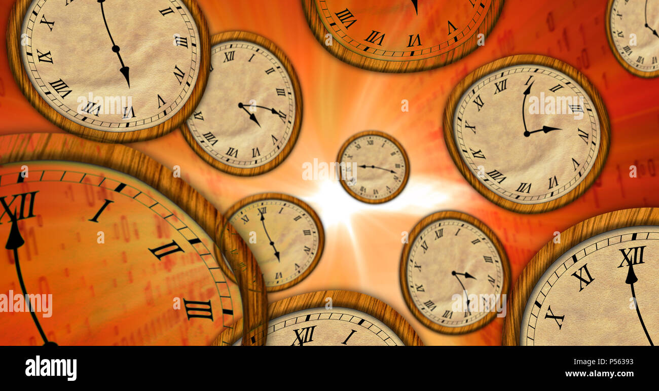 Le temps qui s'écoule sur le pilotage de horloges dans l'espace abstrait. Concept surréaliste 3d illustration de voyage dans le temps. Banque D'Images
