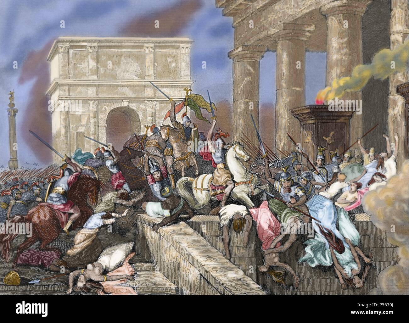 Sac de Rome par les Wisigoths conduits par Alaric I en 410, pendant le règne de l'empereur Honorius. Gravure en couleur. Banque D'Images
