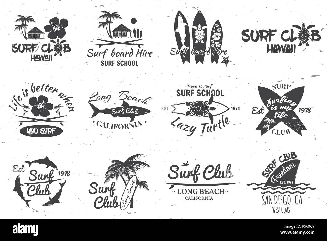 Ensemble de retro vintage badges et étiquettes. Pour la conception web, mobile et l'interface d'application, aussi utile pour l'infographie. Surf club école de surf et le desi Illustration de Vecteur