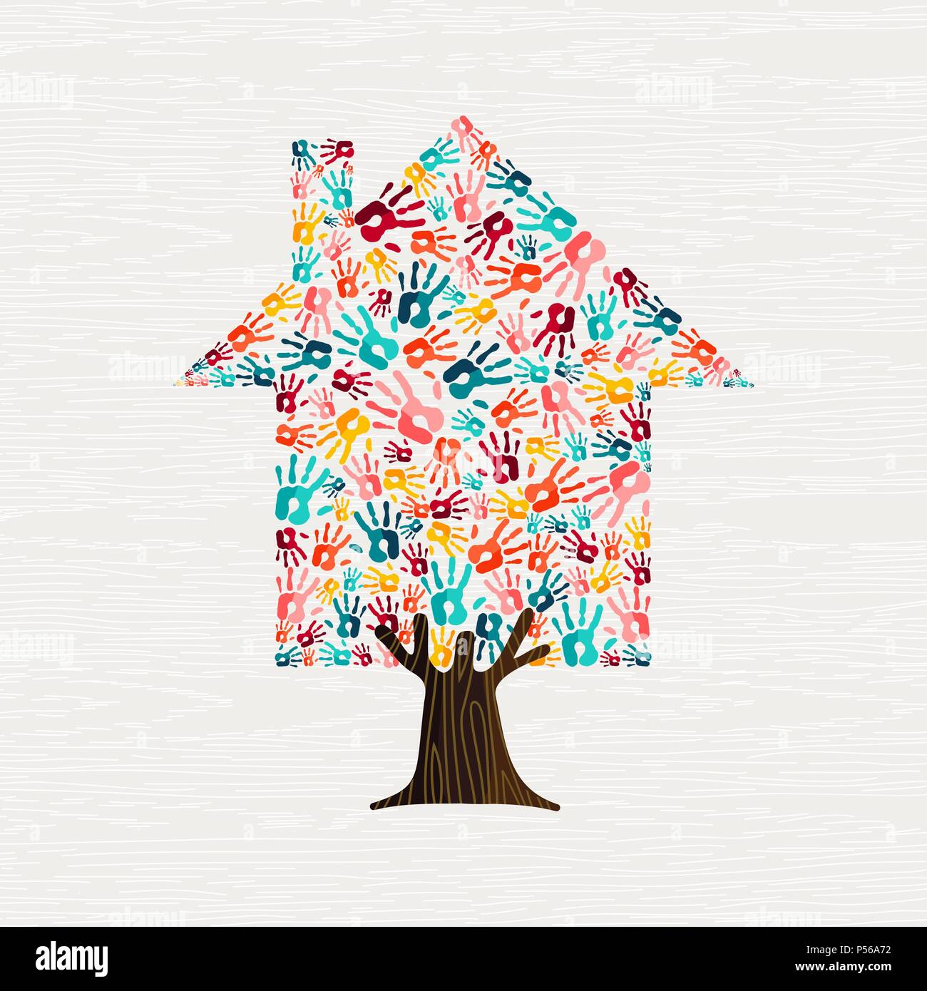Arborescence constituée de mains humaines colorées en forme de maison. Communauté accueil concept ou projet social. Vecteur EPS10. Illustration de Vecteur