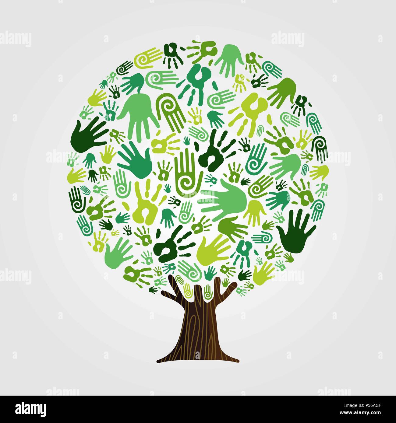Arborescence constituée de mains humaines vert avec des branches et racines. Concept de l'aide de la nature, de l'environnement groupe ou d'équipe de soins de la terre. Vecteur EPS10. Illustration de Vecteur