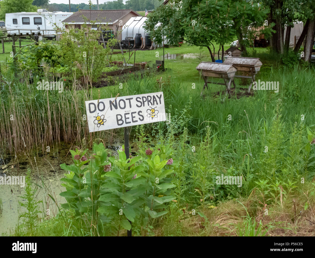 Harsens Île, Michigan - un signe composé de travailleurs demande d'éviter de vaporiser des produits chimiques sur la route afin de protéger les abeilles. Banque D'Images