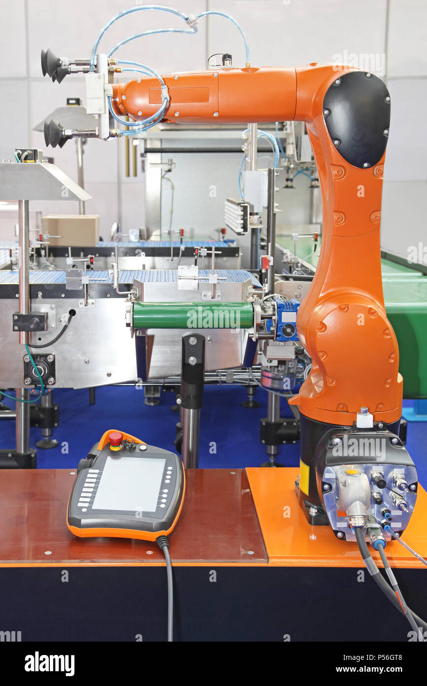 Bras robot articulé à la ligne de conditionnement en usine automatisée Banque D'Images