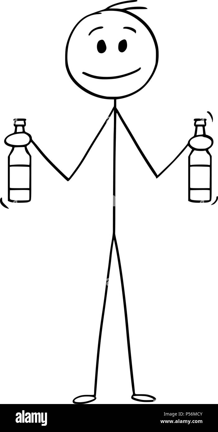 Caricature de l'Homme tenant deux bouteilles de bière Illustration de Vecteur