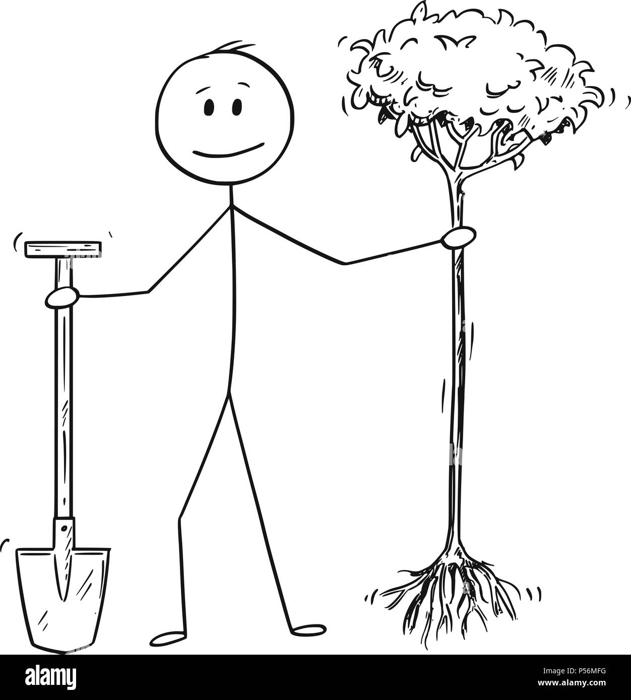 Caricature de l'homme ou Businessman Holding Espace et arbre à planter Illustration de Vecteur