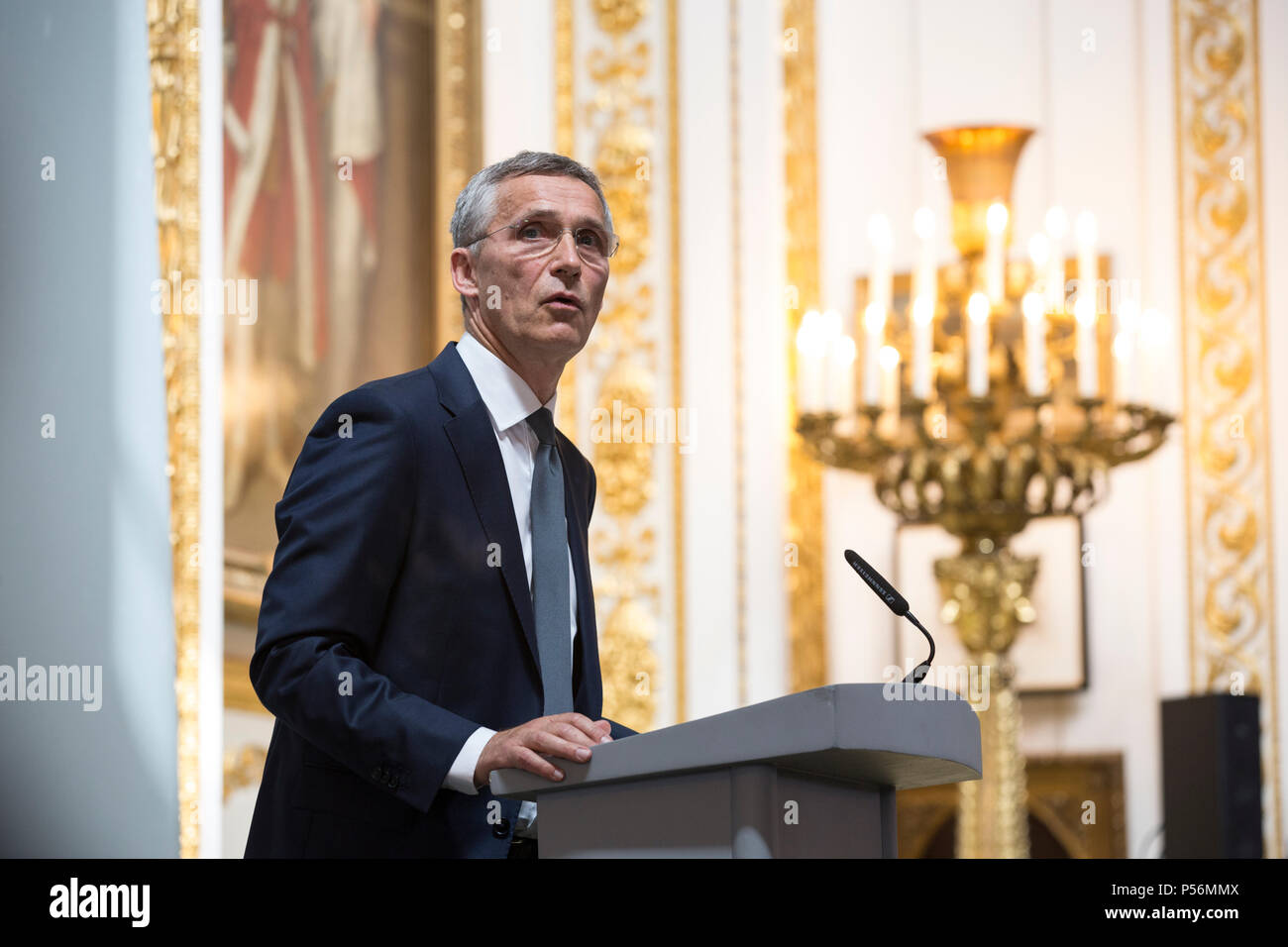 Le Secrétaire général de l'OTAN, Jens Stoltenberg a donné une adresse pré-sommet le jeudi 21 juin 2018 à Lancaster House à Londres, Angleterre, RU Banque D'Images