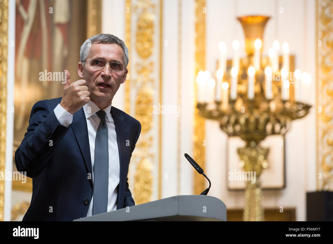 Le Secrétaire général de l'OTAN, Jens Stoltenberg a donné une adresse pré-sommet le jeudi 21 juin 2018 à Lancaster House à Londres, Angleterre, RU Banque D'Images