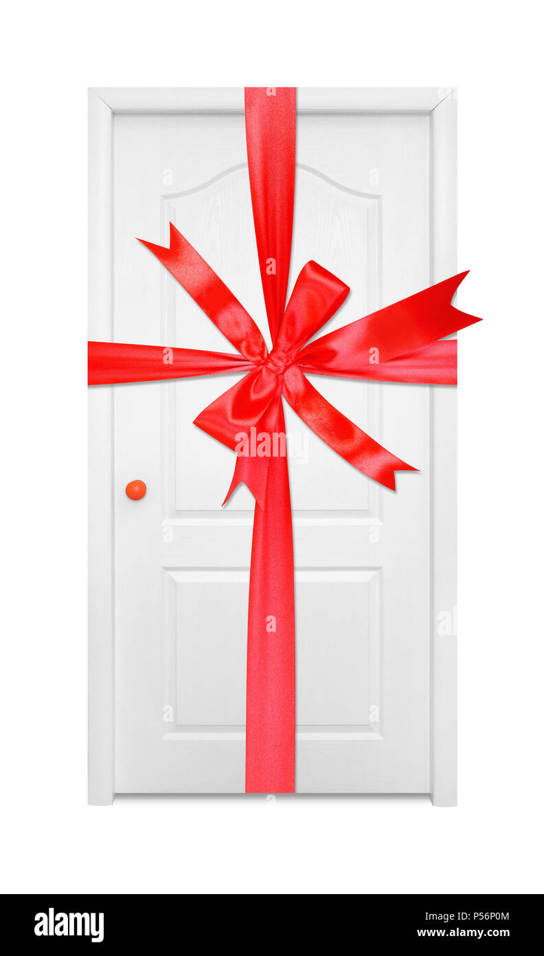 Meubles - Cadeau porte à l'intérieur blanc rouge attaché arc dans la poignée orange isolé sur fond blanc. Banque D'Images