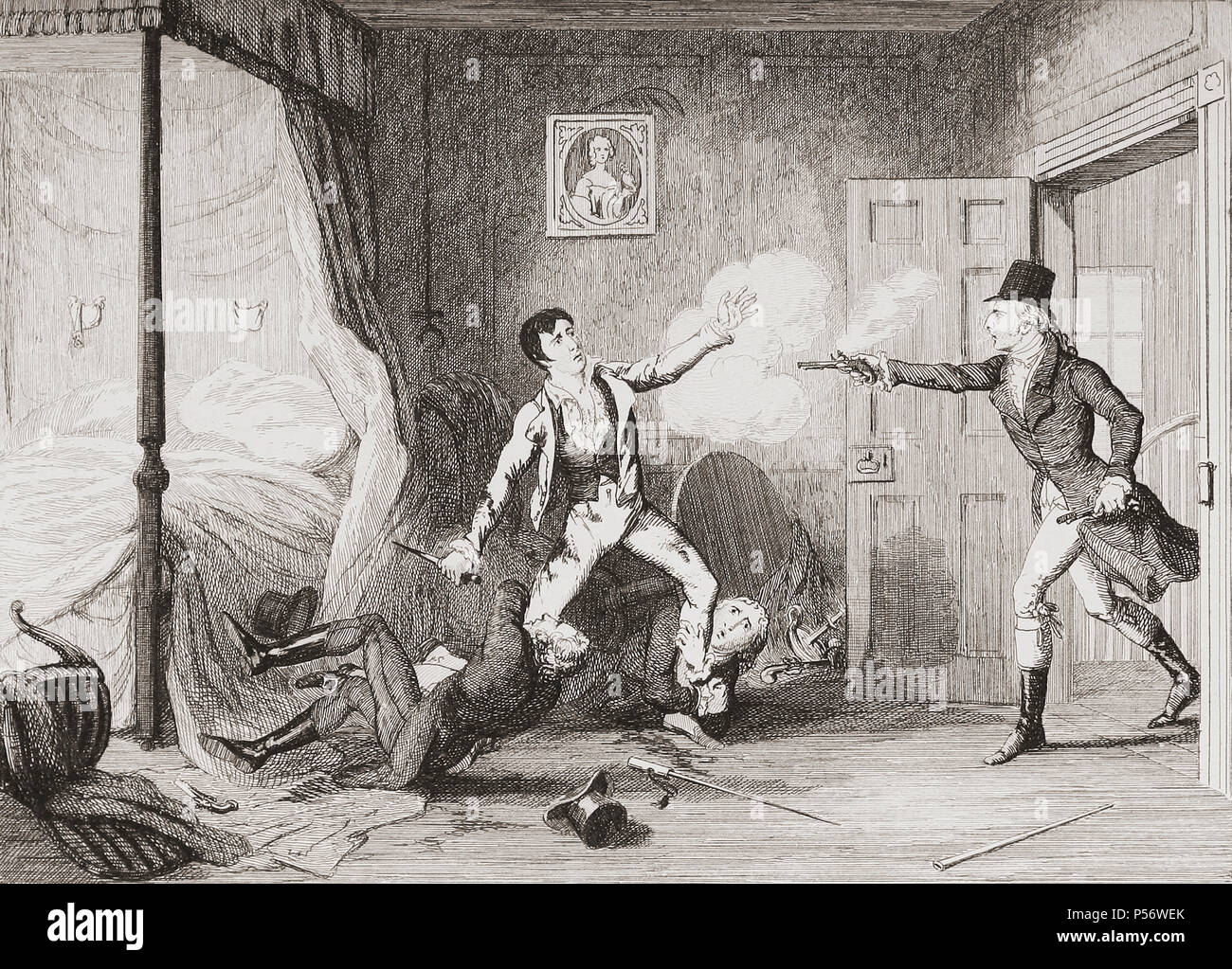"L'arrestation de Lord Edward Fitzgerald". Illustration par George Cruikshank. Lord Edward Fitzgerald, 1763-1798. Aristocrate irlandais, soldat, explorateur et révolutionnaire. Il a été arrêté pour trahison en 1798 et sont morts de blessures reçues au cours de sa lutte pour s'échapper. À partir de l'histoire de la rébellion irlandaise de 1798 ; avec des mémoires de l'Union européenne, et l'Insurrection, Emmett en 1803 par W.H. Maxwell. Publié à Londres en 1854. Banque D'Images