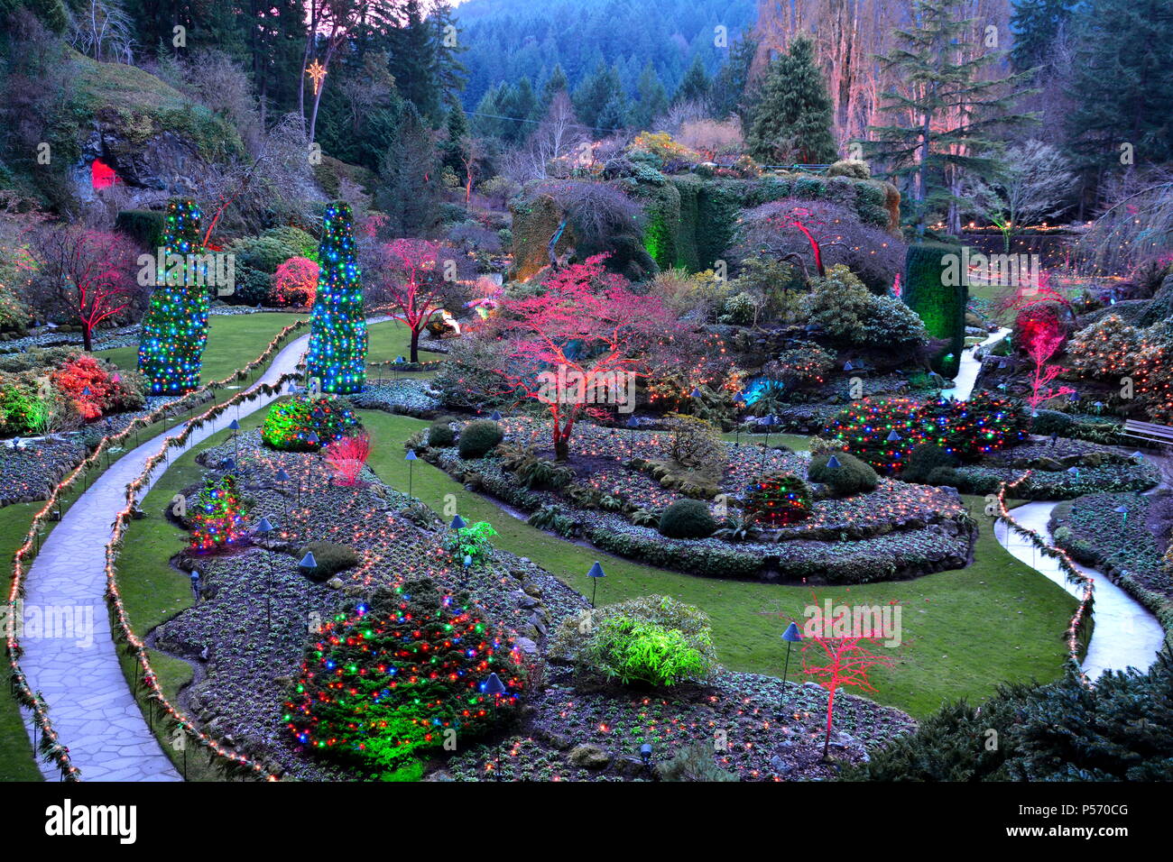 Jardins Butchart à Noël. Les jardins en contrebas du Butchart Banque D'Images