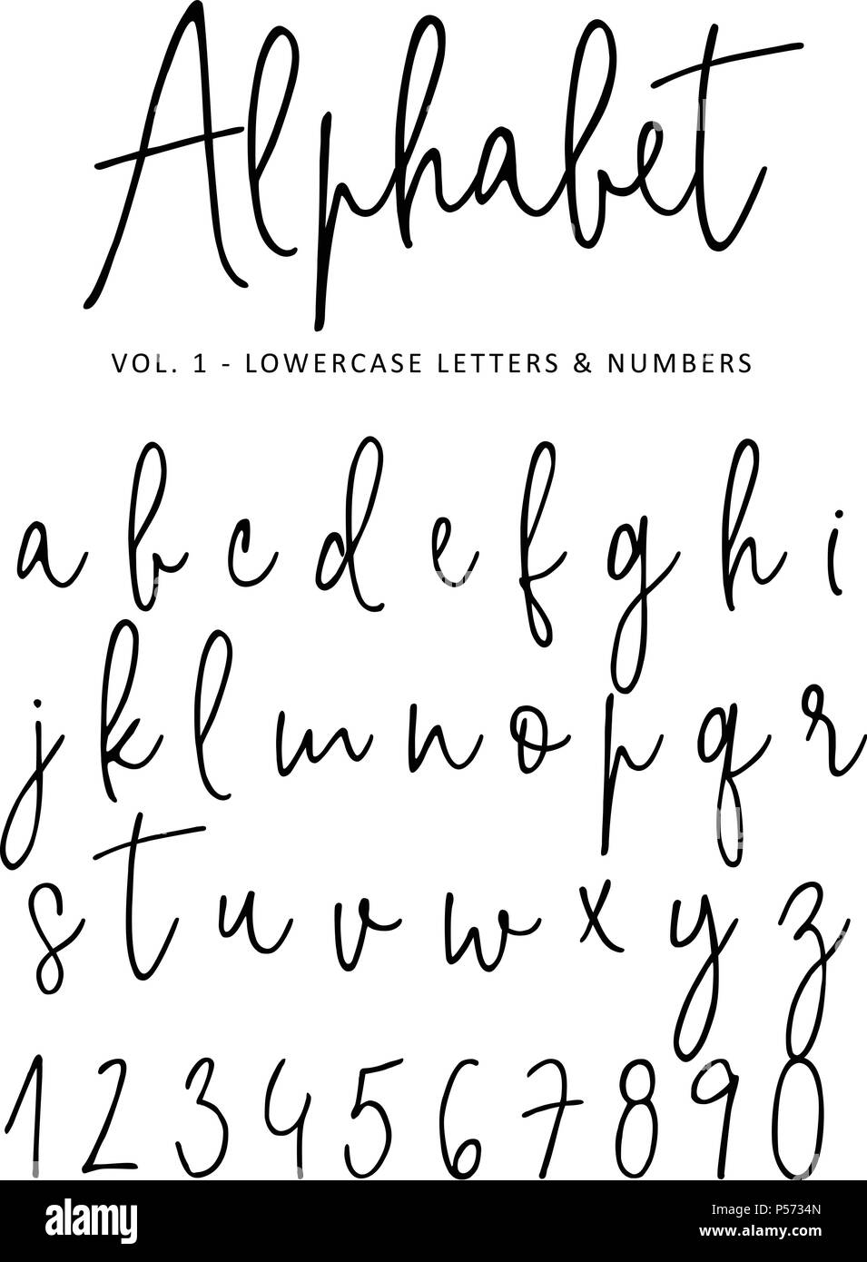 Hand drawn vector alphabet. Monoline script signature moderne. Minuscule isolée des chiffres et des lettres écrites avec le marqueur ou l'encre. Calligraphie, lettrage. Illustration de Vecteur