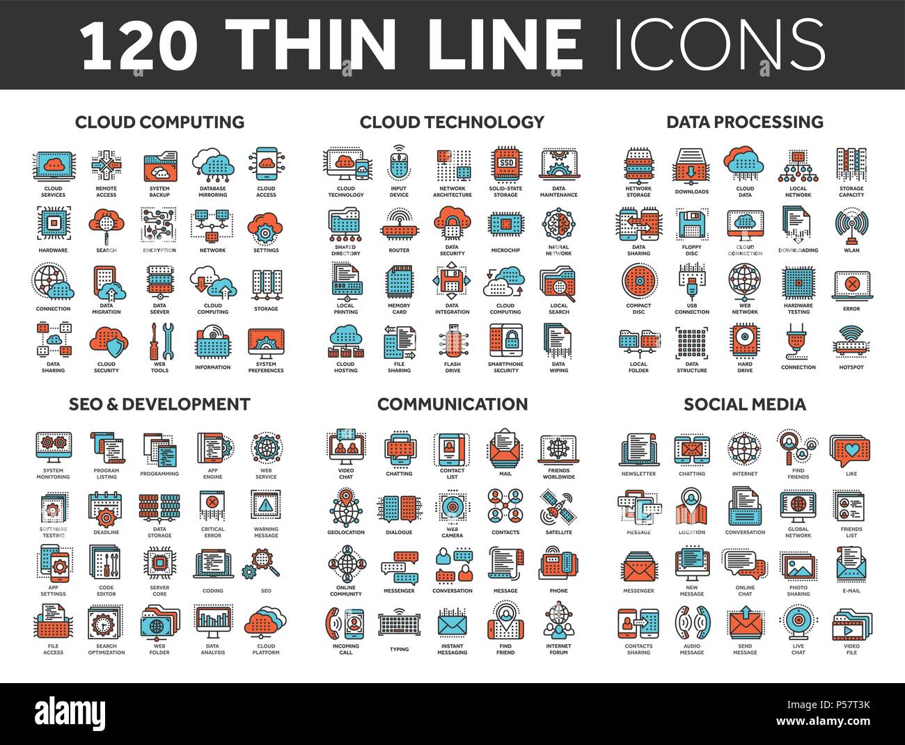 Le cloud computing et la technologie.Le stockage de données. Seo, développement. Réseau social,la communication. Connexion Internet. Message électronique. Fine ligne rouge et bleu icons set. Les accidents vasculaires cérébraux. Illustration de Vecteur