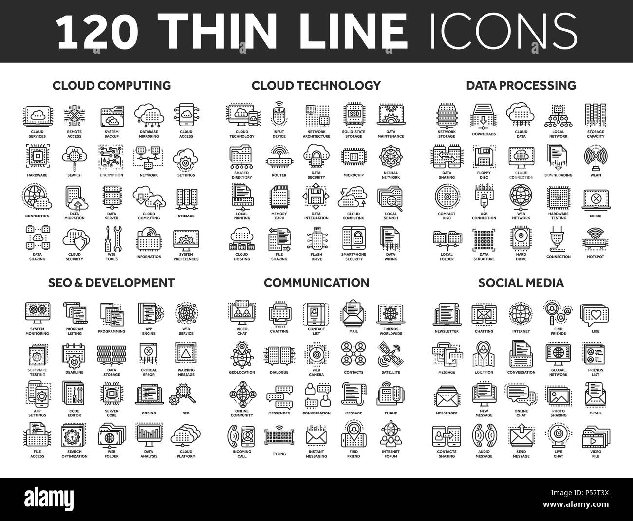 Le cloud computing et la technologie.Le stockage de données. Seo, développement. Réseau social,la communication. Connexion Internet. Message électronique. Fine ligne icônes noires. Les accidents vasculaires cérébraux. Illustration de Vecteur