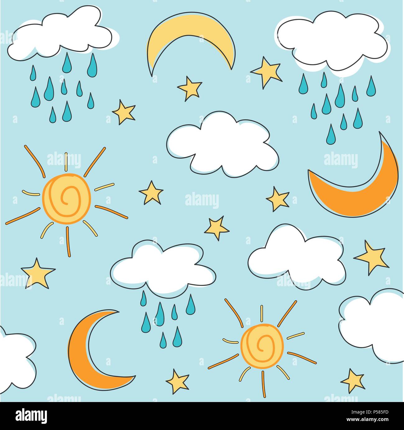 Transparente motif bébé ensoleillée, sur fond bleu avec des nuages, du soleil, la nouvelle lune et les étoiles Illustration de Vecteur