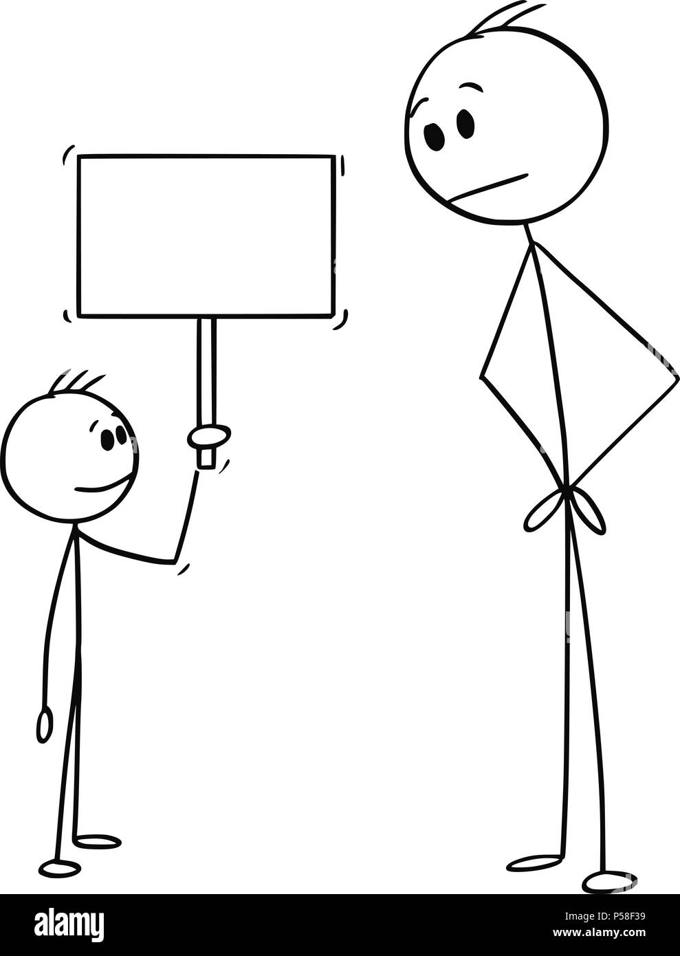 Caricature de l'homme et les petits Boy Holding Empty Sign Illustration de Vecteur