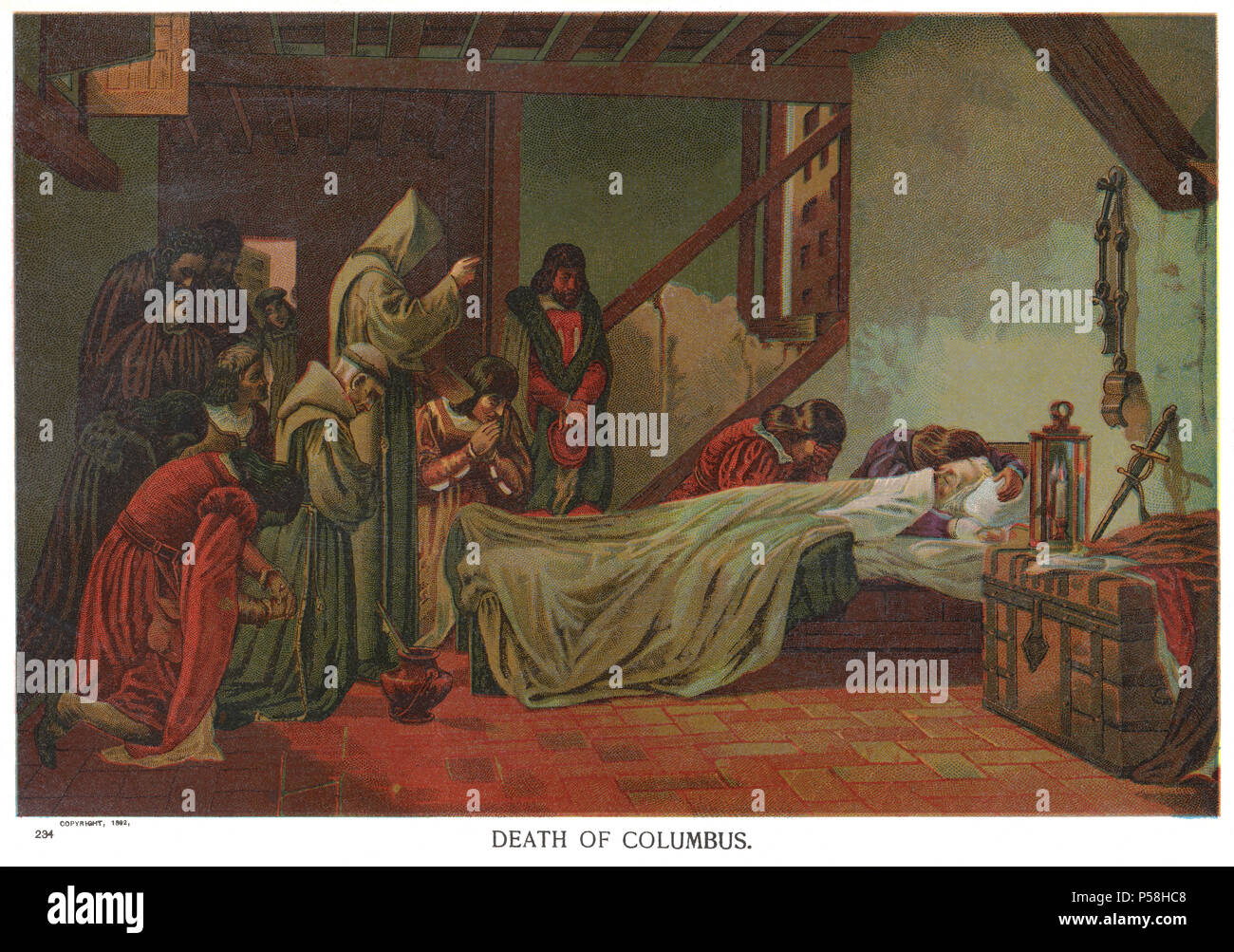 La mort de Colomb, chromolithographie d'une peinture originale, 1892 Banque D'Images