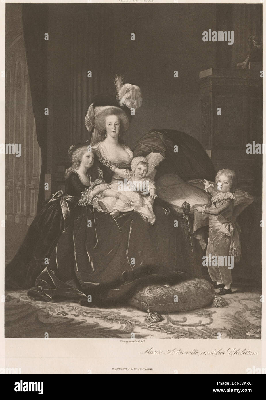 Marie Antoinette et ses enfants, photogravure, impression Vigel le Brun, D. Appleton and Company, 1887 Banque D'Images