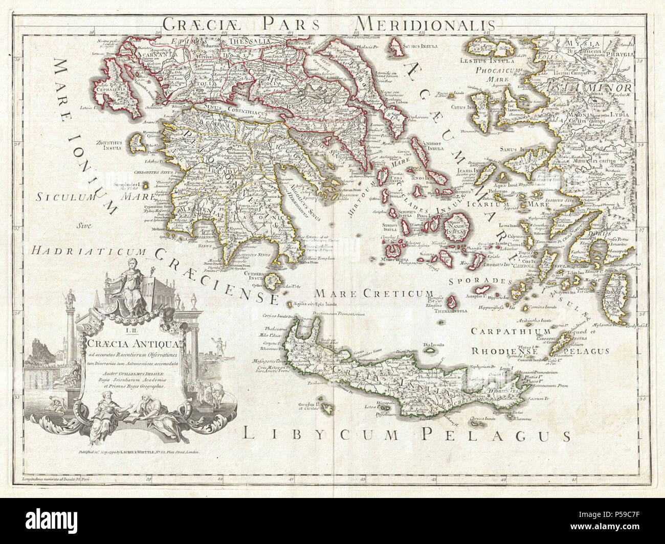 1794 Delisle Plan de Le sud de la Grèce antique, les Grecs des îles Britanniques, et la Crète - Geographicus - GreeceSouth-delisle-1794. Banque D'Images