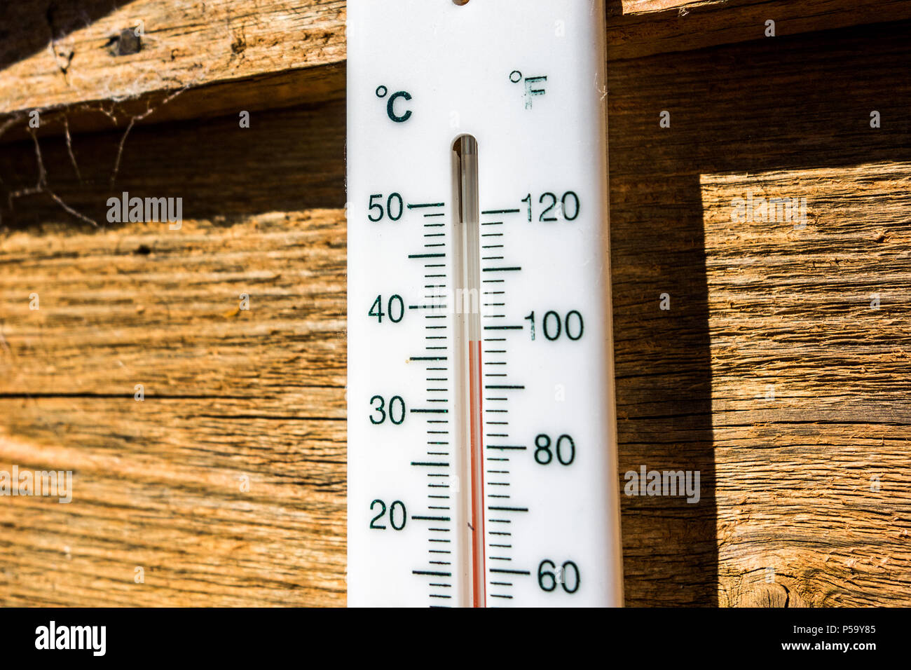 , Leominster Herefordshire, UK. 26 Juin, 2018. Un jardin thermomètre est vu la lecture de près de 37 degrés Celsius/98,6 degrés Fahrenheit en plein soleil comme la canicule juin hits le Royaume-Uni, vu dans un jardin arrière en Leominster Herefordshire, le 26 juin 2018 Crédit : Jim Wood/Alamy Live News Banque D'Images