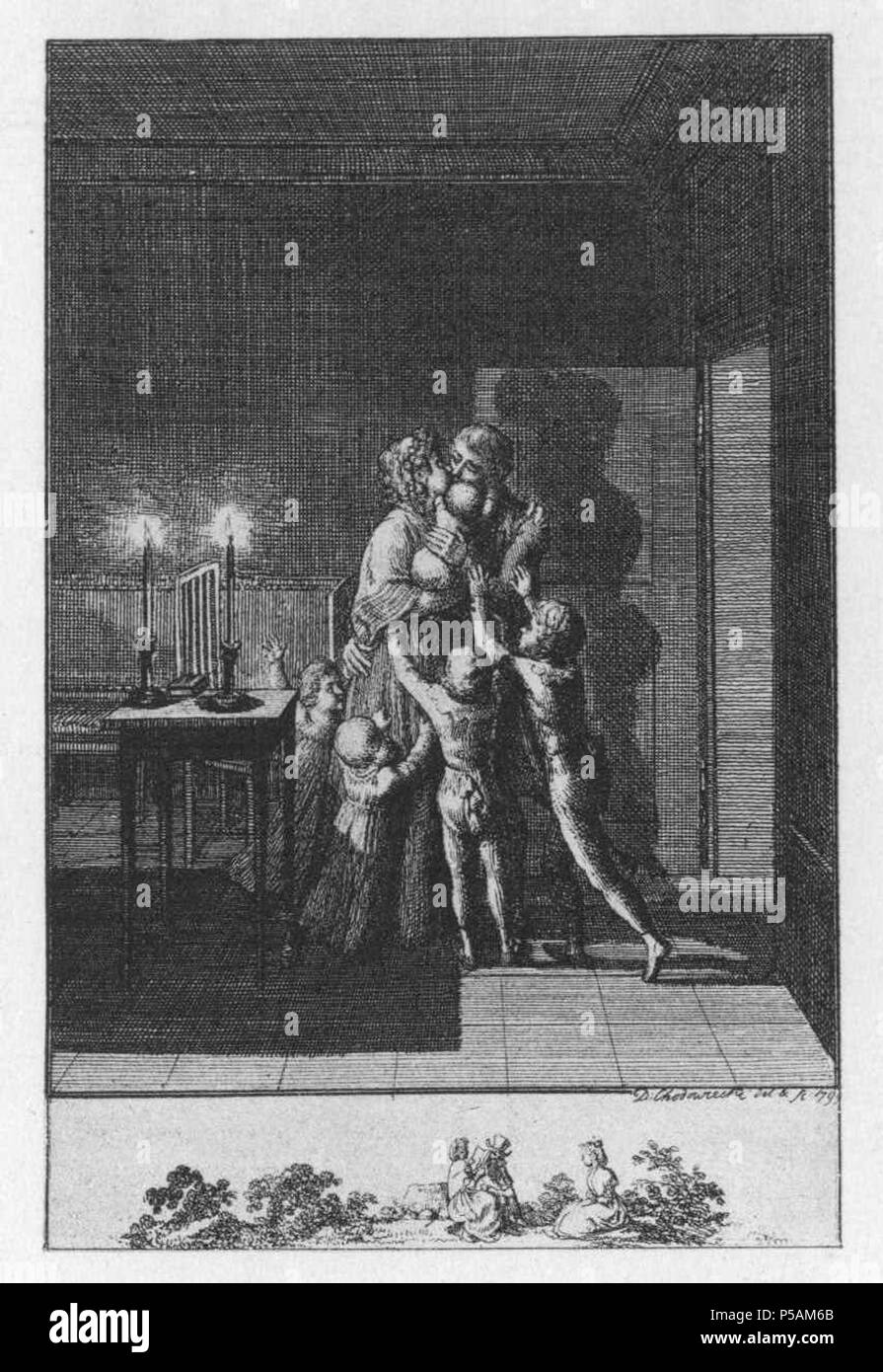 N/A. Deutsch : Drei Blätter zu Neuffer's Dichtung : 2. Die Gattin : Der Mann unverhofft kommt von der Reise zur Familie zurück ; er tritt Rechts und zur Thüre umarmt présentes Die Frau, welche das jüngste genre auf dem Arme hat ; vier Kinder drängen sich nhi heran. (Beschreibung lt. Quelle) Blatt Blatt Blatt 2 1 3 der Serie . Daniel Chodowiecki (1726-1801) Noms alternatifs Daniel Nikolaus Chodowiecki germano-polonaise Description peintre et graveuse Date de naissance/décès 16 Octobre 1726 7 février 1801 Lieu de naissance/mort Gdask Berlin Berlin lieu de travail contrôle d'autorité : Q696720 V Banque D'Images