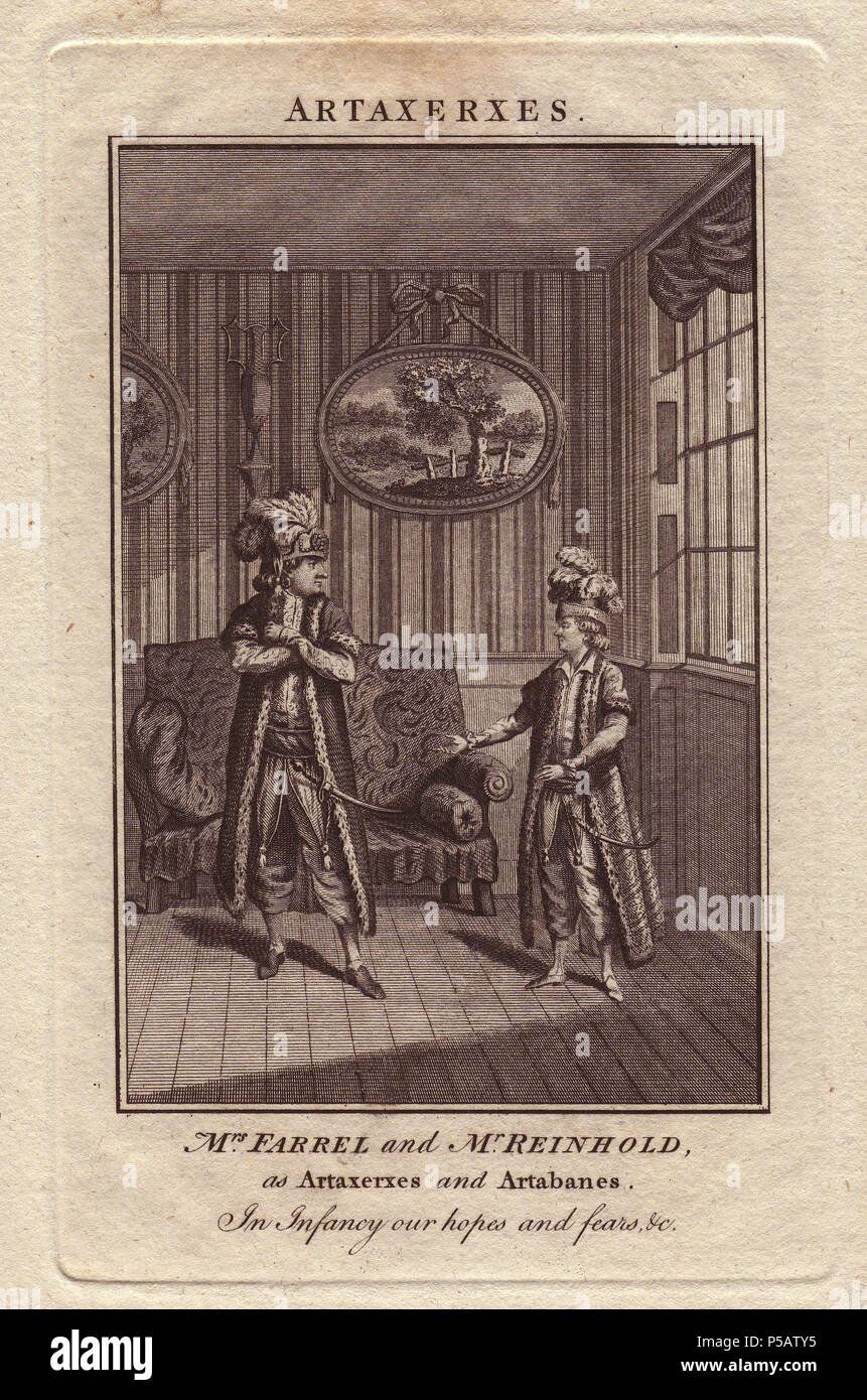 Mme Margaret Farrel que Artaxerxès et M. Charles Frederick Reinhold comme Artabanes dans une scène de 'Artaxerxès' (1778). . Acteurs en costumes orientaux avec des sabres courts et chapeaux à plumes debout dans une salle.. . La gravure sur cuivre de playbook inconnu. Banque D'Images
