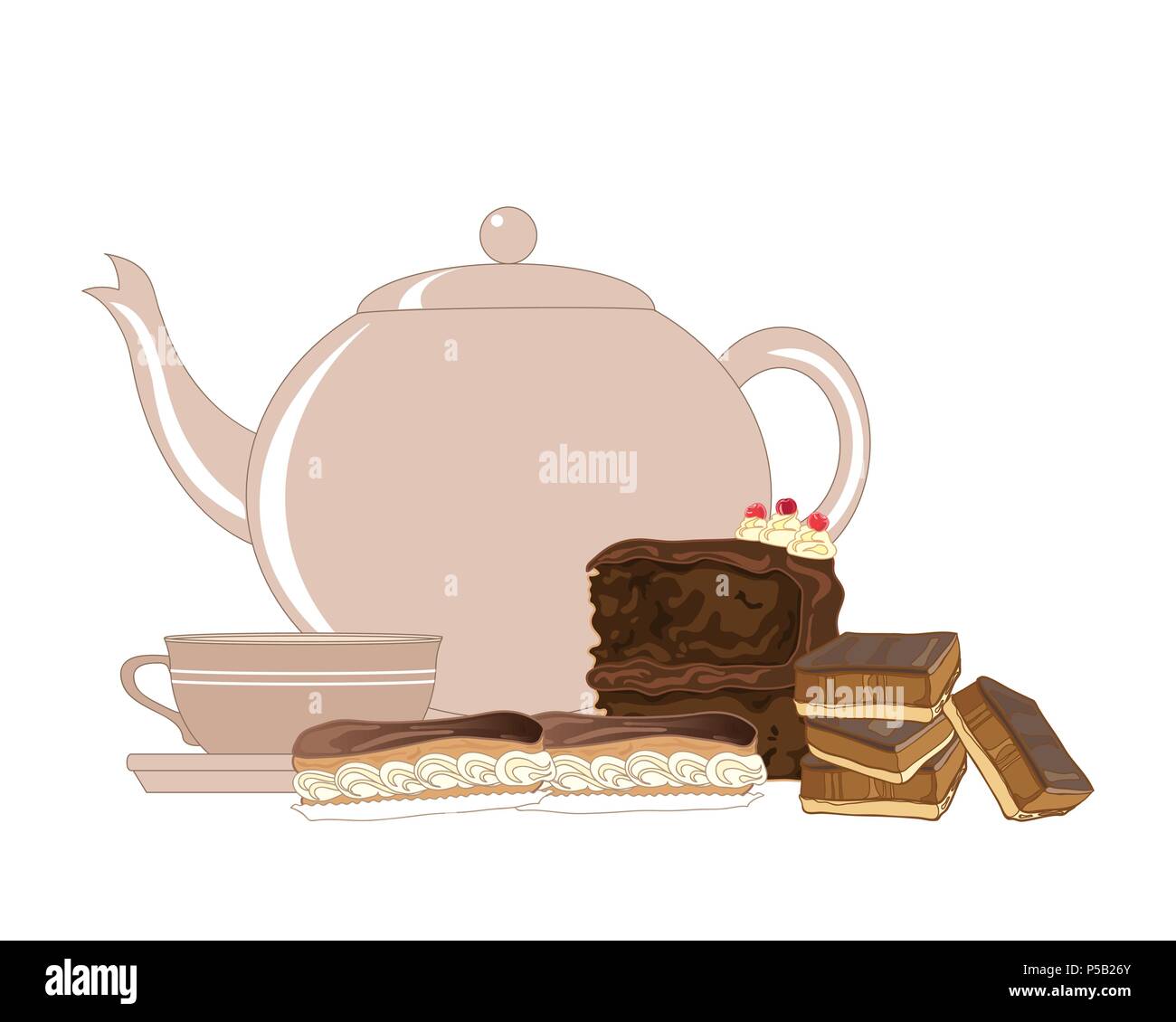 Un vecteur illustration en format eps 10 pour d'un thé anglais l'après-midi présentation avec théière tasse gâteau au chocolat éclairs et sablés au caramel Illustration de Vecteur