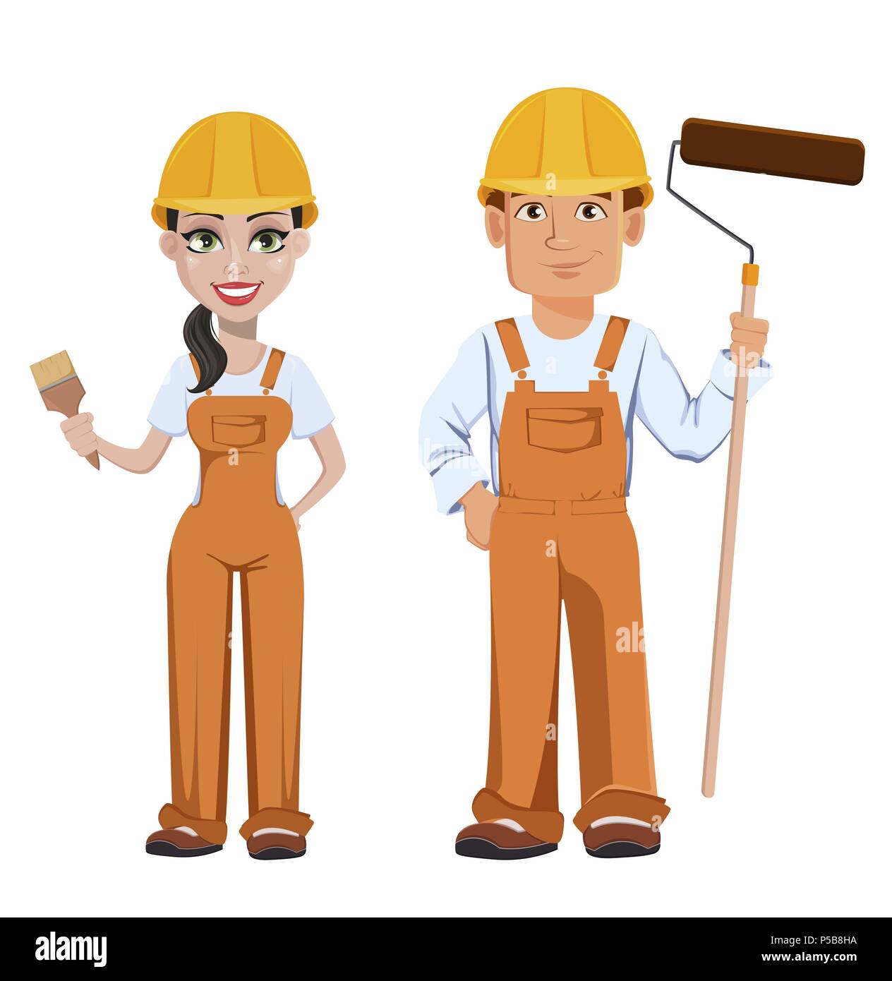 Builder l'homme et la femme en uniforme, personnages de dessins animés ...