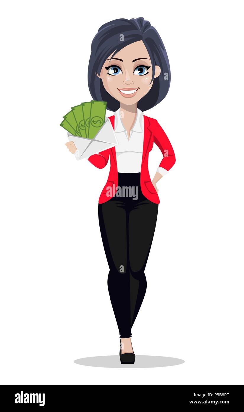 Femme d'affaires, manager, banquier. Belle femme banquier en tailleur. Joli personnage tenant l'enveloppe avec l'argent. Vector illustration o Illustration de Vecteur