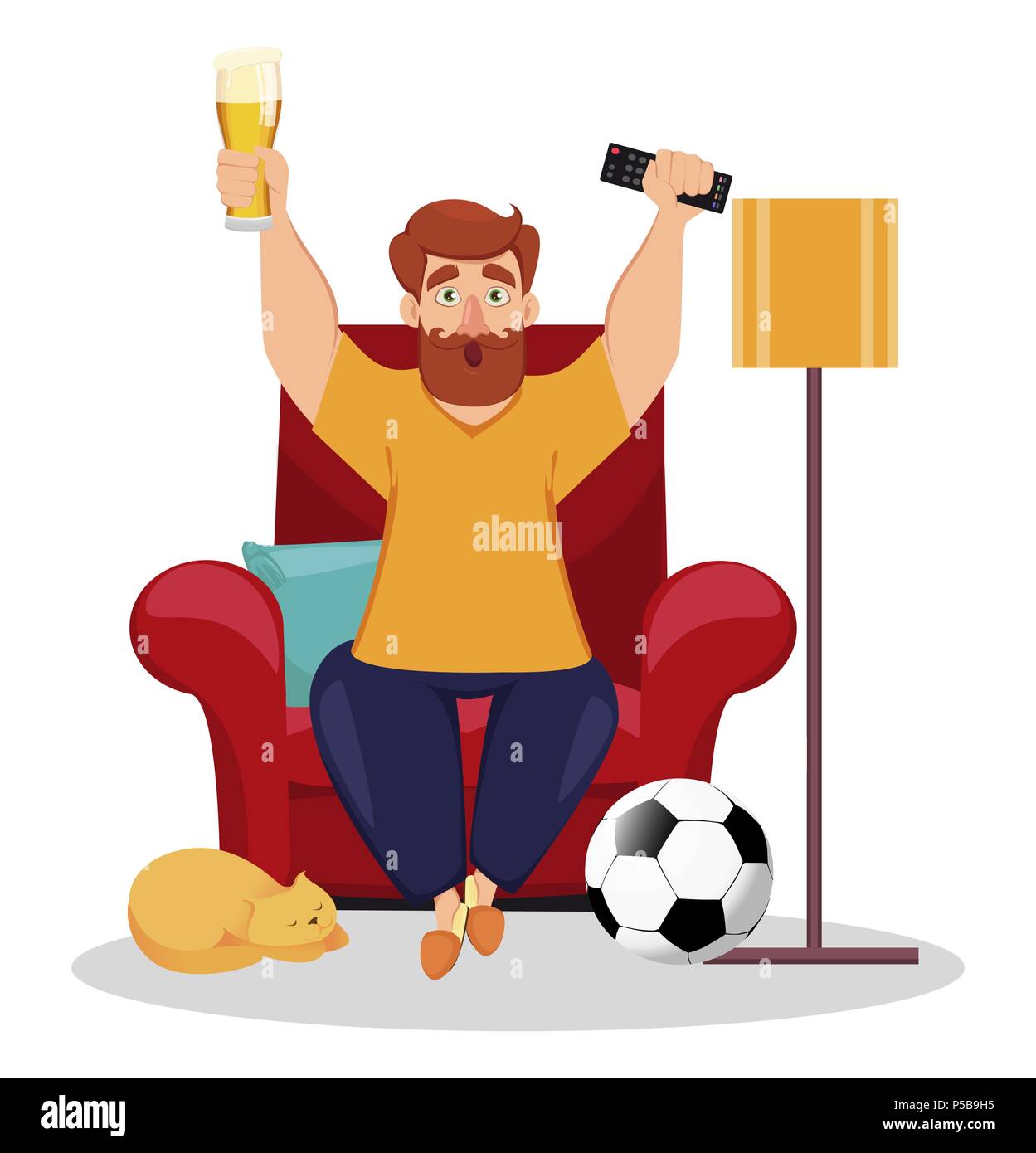 De fan de sport à la maison et regarder la télévision pour encourager son équipe de football préférée. Vector illustration sur fond blanc. Illustration de Vecteur