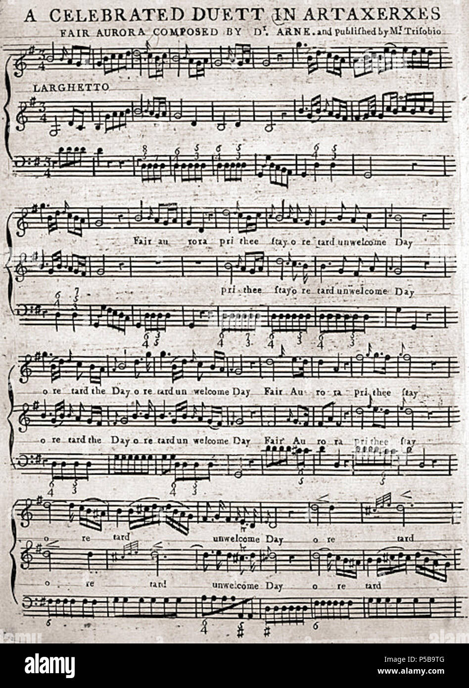 N/A. Anglais : Page 1 du piano/vocal score de 'Aurora' juste d'Artaxerxès par Thomas Arne (1710-1778) . 1796. Thomas Arne (1710-1778) 544 Aurora juste par Thomas Arne piano vocal score publié 1796 Banque D'Images