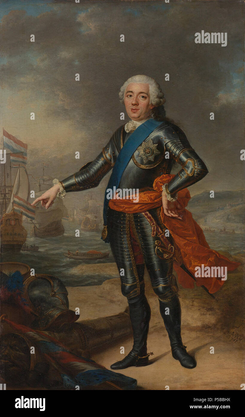 Portrait de William IV (1711-1751), Prince d'Orange . Portrait de William IV, prince d'Orange, debout en armure, à pleine longueur, dans un paysage côtier. À gauche attributs militaires y compris un canon et un casque. Dans l'arrière-plan navires étant fournis par les barques peuvent être vus. 1751. N/A 23 Portret van Willem IV Rijksmuseum SK-A-6 Banque D'Images