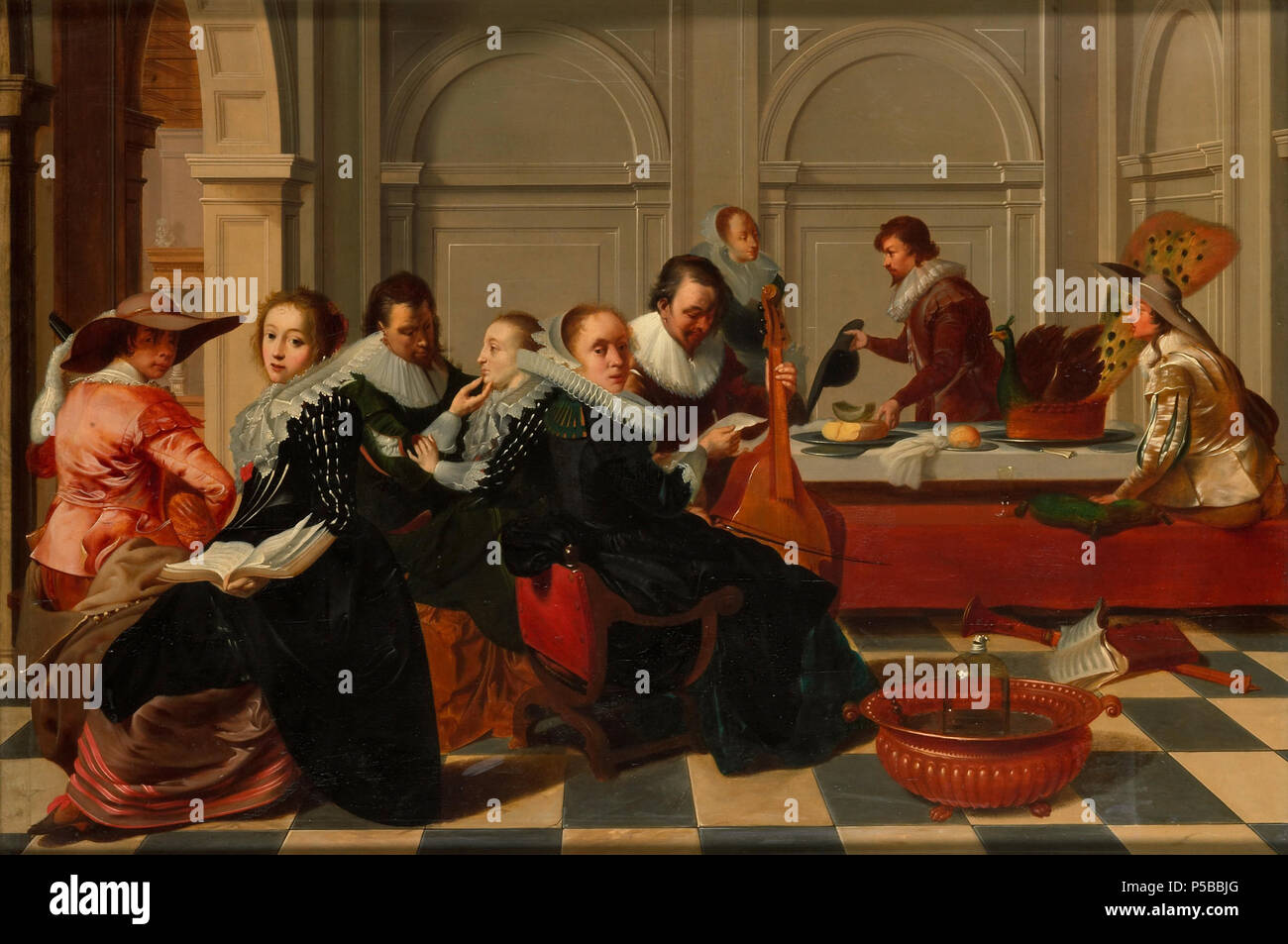 De muziekpartij . Nederlands : Een muziekpartij de concert. Een interieur gezelschap élégant. Liens een jongen in de luit en een vrouw met een liedboek, rechts een man in de violoncelle en een vrouw met een blad papier dans de handen. Gegrond zijn de vrouwen aan het zingen. Hiertussen minnekozend een paar. Op de voorgrond een grote metalen koeler met een fles wijn en een glas. Op de achtergrond een een tafel , pauwenpastei kaas en brood. . 1700. N/A 425 De muziekpartij Rijksmuseum SK-A-1403 Banque D'Images