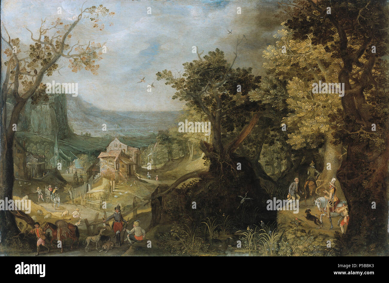 Landschap Bosrijk . Nederlands : Bosrijk landschap. Bergachtig 156 rencontré landschap ruiters op een een bos, porte-notes liens rustende jägers bij een hek boven de huizen van een dorp. . 1608. N/A 225 Bosrijk landschap Rijksmuseum SK-A-755 Banque D'Images