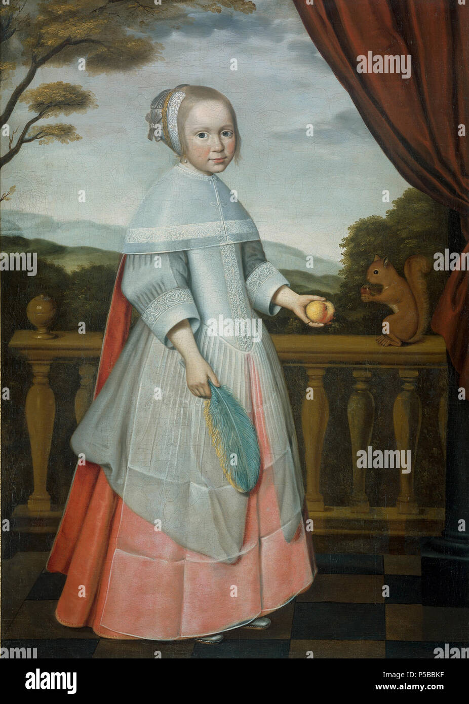 Elisabeth Van Oosten (1660-1714), als genre . Nederlands : Portret van Elisabeth Van Oosten (1660-1714), genre de la SLA. Staande, dix voeten uit, voor een balustrade. Dans rechterhand de een veer, in de linkerhand een appel. Op de balustrade zit een eekhoorn. Vroeger beschouwd als een portret van een meisje, wellicht uit de familie van Riebeeck. Van pendentif SK-A-809. . 1663. N/A 505 Elisabeth Van Oosten (1660-1714), Rijksmuseum SK-als genre du ressort de l'un Banque D'Images