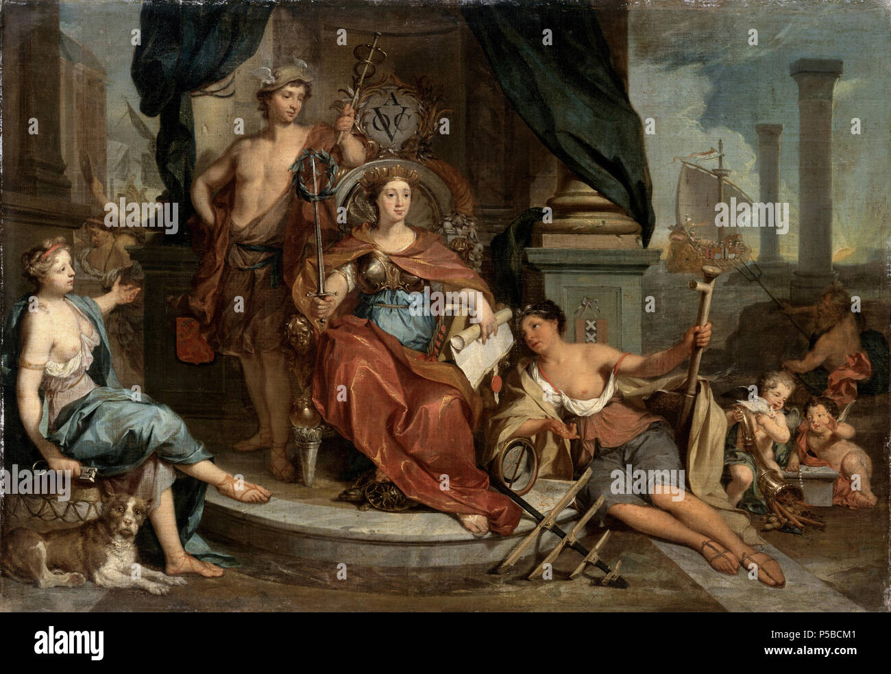 Allegorische voorstelling van de Amsterdamse Kamer van de Verenigde Oost-Indische Compagnie . Nederlands : Allegorische voorstelling met de vrouwelijke personificatie Amsterdamse van de Kamer van de Verenigde Oost-Indische Compagnie gezeten op een troon. Op het hoofd draagt zij een dans rechterhand schepenkroon, de een zwaard rencontré dans lauwerkrans, de linkerhand boeken en documents. Achter de troon, Mercurius liens een vrouw zittende met een hond een sleutel, rechts een vrouwelijke personificatie in de roer dans de handen. 156 twee putti, Neptunus en een galei bij twee zuilen. Vervaardigd na Banque D'Images